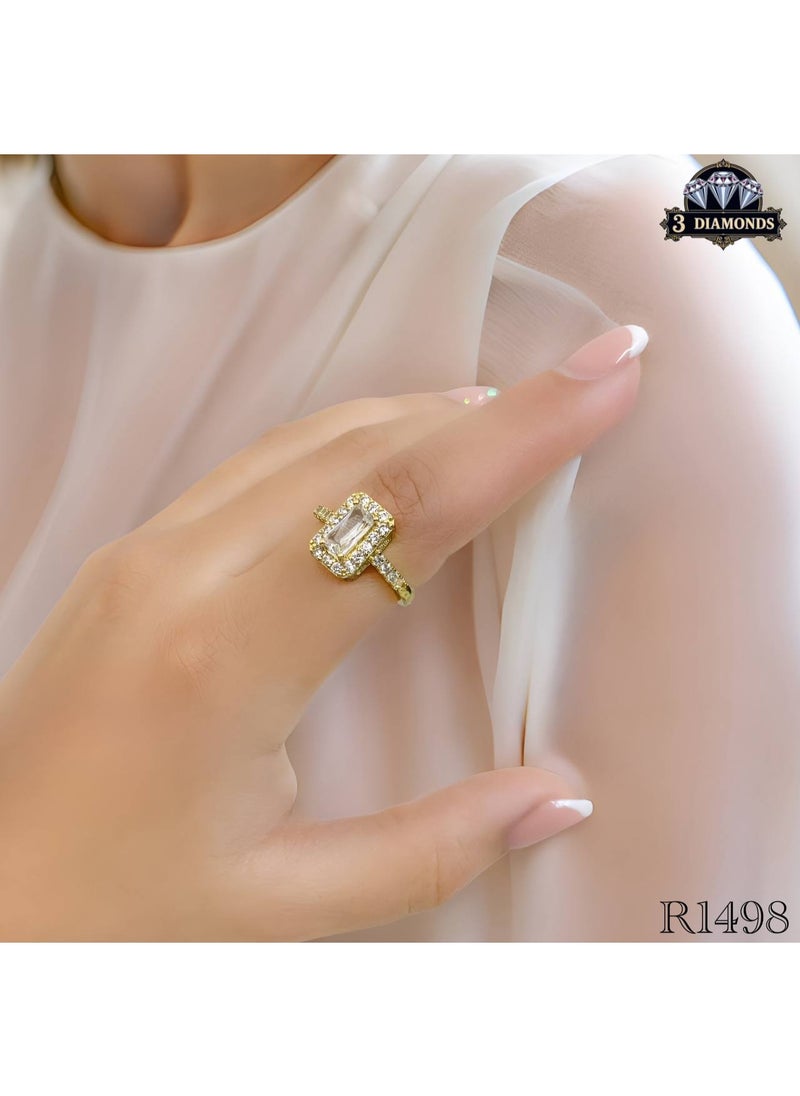 ثري دايموندز خاتم مطلي ذهب بفص زركون مقطع زمردي – تصميم كلاسيكي بإطار لامع  - Image 1