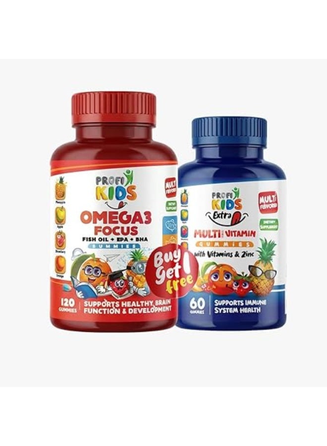 PROFI KIDS Omega 3 Focus Gummies 120 Gummies +  Extra Multivitamin 60 Gummies Free, Multi-Flavored Dietary for Children. - Image 1