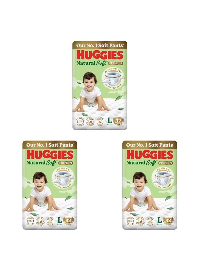 Huggies Natural Soft Premium Baby Diaper Pants, Our No.1 Soft Pants, Large (L) Size (9-14 Kgs), Pack of 32*3 diapers | Cloud Softness All over with India's 1st Cloud Touch Belt - Image 1