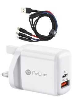 ProOne ProOne PWC585 20W PD & QC3.0 Dual Port Wall Charger with 3-in-1 Anti-Knotted Fast Charging Cable (Micro, Lightning, Type-C) , Compact UK Plug, High-Speed USB-A & Type-C Outputs for Universal Compatibility, White  - Image 1