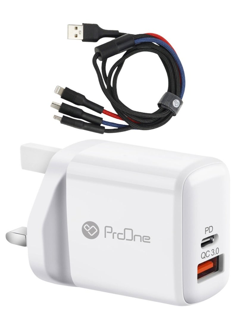 ProOne ProOne PWC585 20W PD & QC3.0 Dual Port Wall Charger with 3-in-1 Anti-Knotted Fast Charging Cable (Micro, Lightning, Type-C) , Compact UK Plug, High-Speed USB-A & Type-C Outputs for Universal Compatibility, White  - Image 1
