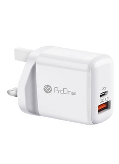 ProOne ProOne PWC585 20W PD & QC3.0 Dual Port Wall Charger with 3-in-1 Anti-Knotted Fast Charging Cable (Micro, Lightning, Type-C) , Compact UK Plug, High-Speed USB-A & Type-C Outputs for Universal Compatibility, White  - Image 2
