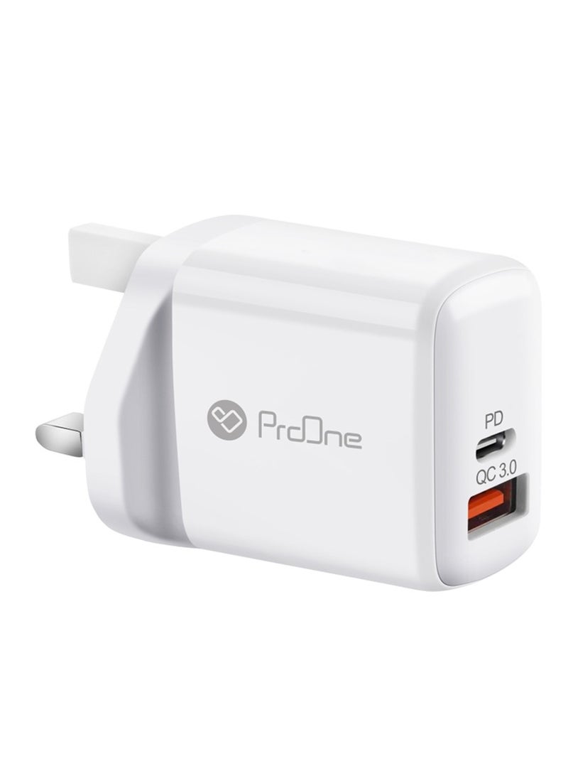 ProOne ProOne PWC585 20W PD & QC3.0 Dual Port Wall Charger with 3-in-1 Anti-Knotted Fast Charging Cable (Micro, Lightning, Type-C) , Compact UK Plug, High-Speed USB-A & Type-C Outputs for Universal Compatibility, White  - Image 2