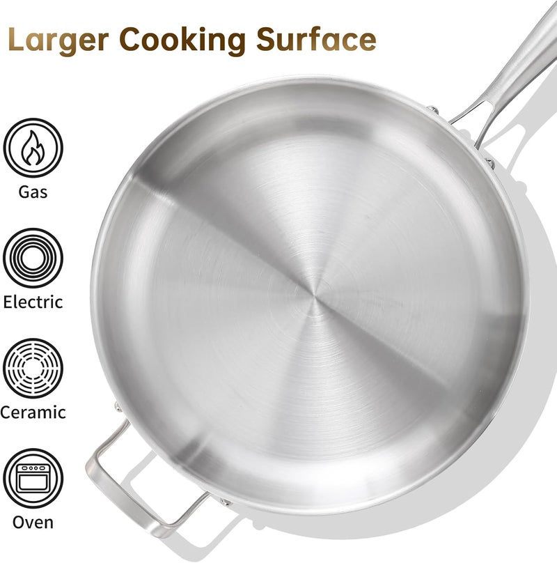 DELARLO Tri-ply Stainless Steel Kitchen Cookware Frying Pan Set with Lid 12" 14" Induction large Skillets Chef's Pan,Pots and Pans Set Kitchen Cookware Set Suitable for All Stove - Image 3