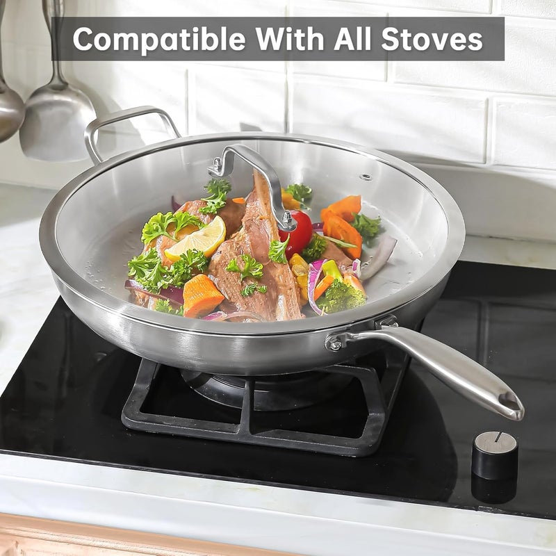 DELARLO Tri-ply Stainless Steel Kitchen Cookware Frying Pan Set with Lid 12" 14" Induction large Skillets Chef's Pan,Pots and Pans Set Kitchen Cookware Set Suitable for All Stove - Image 4