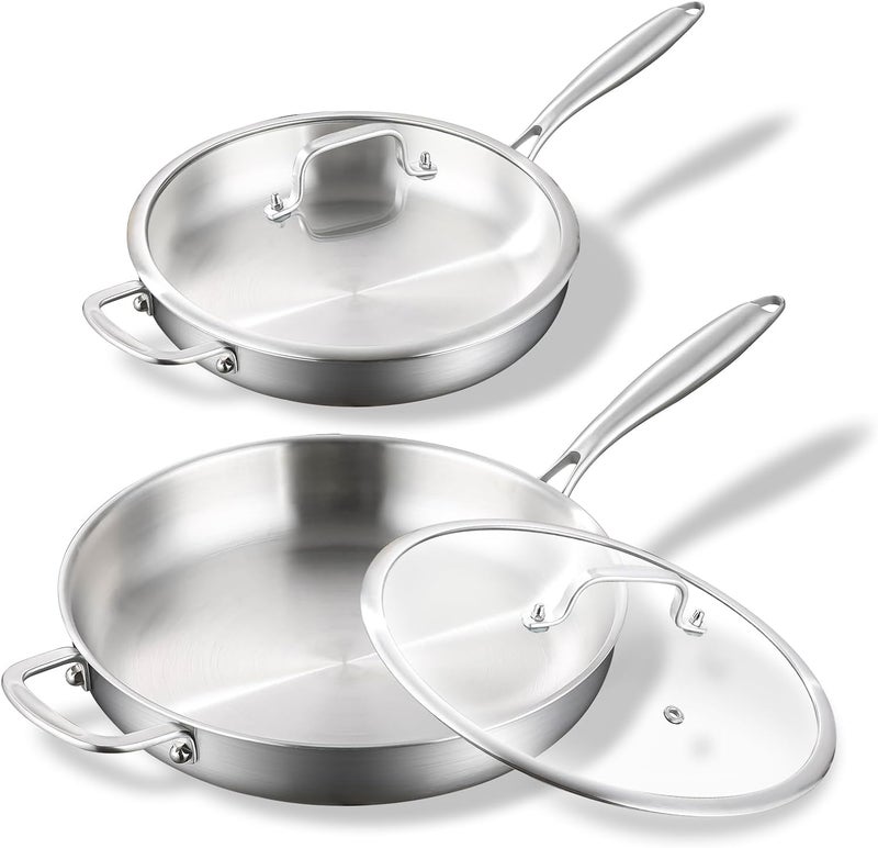 DELARLO Tri-ply Stainless Steel Kitchen Cookware Frying Pan Set with Lid 12" 14" Induction large Skillets Chef's Pan,Pots and Pans Set Kitchen Cookware Set Suitable for All Stove - Image 1
