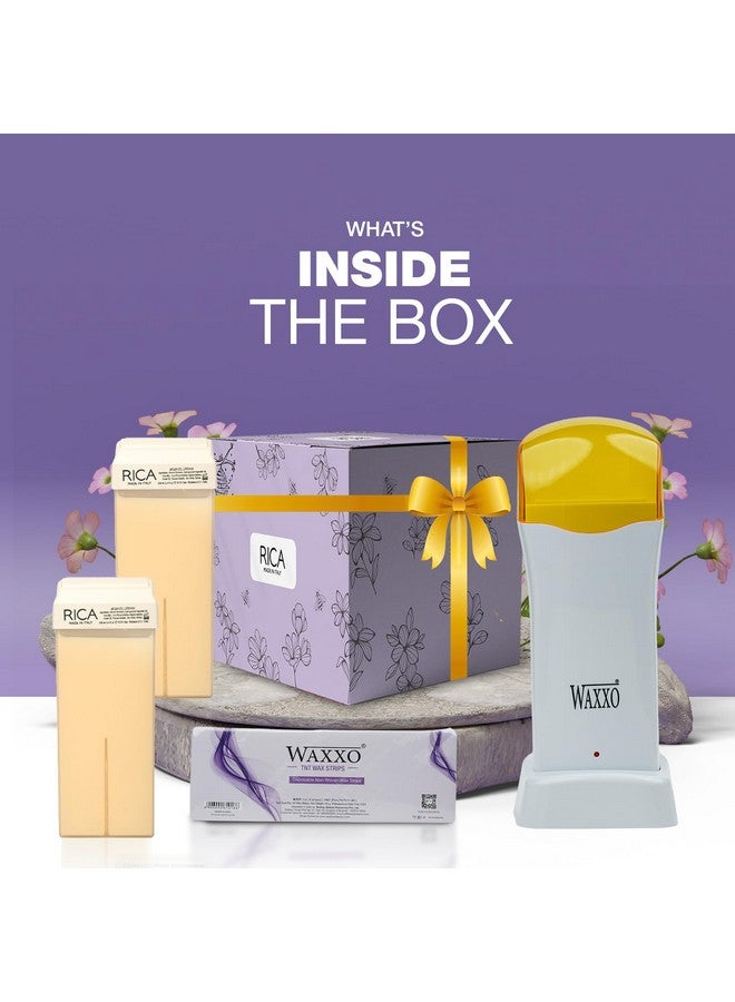 Rica عبوة إعادة تعبئة شمع الأرجان ريكّا لإزالة الشعر للرجال والنساء 100 مل، (عبوة من 2) مع سخان شمع رول أون واحد وشرائح شمع، مجموعة هدايا 4 قطع - Image 3