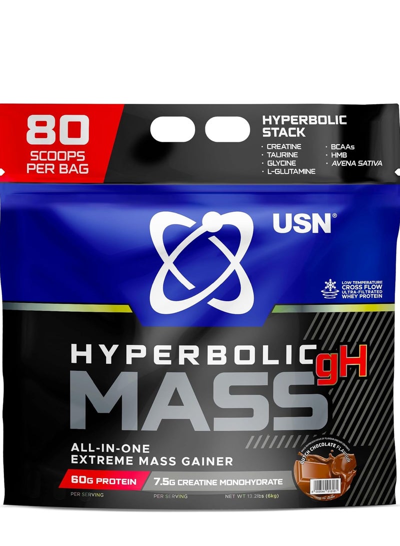 USN Hyperbolic Mass Chocolate 6kg: مسحوق بروتين عالي السعرات الحرارية لزيادة كتلة العضلات بسرعة وزيادة الوزن، مع إضافة الكرياتين والفيتامينات - Image 1