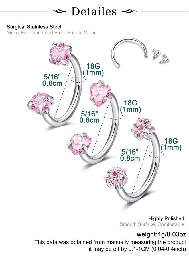 Longita Horseshoe Nose Ring for Women Double Gem Horse Shoe Nose Ring Hoop 18g Surgical Steel Silver Cartilage Helix Tragus Earring Hoops Heart Labret Lip Piercing Jewelry Small Septum Rings 8mm 3pcs - Image 2