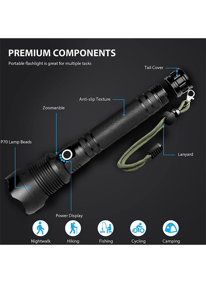 LED Rechargeable Flashlight High Brightness, Waterproof Flashlight with Batteries and 5 Modes, Handheld Flashlight, Suitable for Camping Emergency Use (Black)