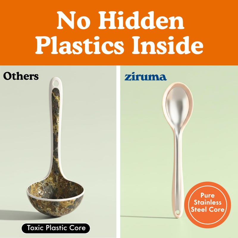 Ziruma Non-Toxic Platinum Silicone Kitchen Utensil Set of 2 â€“ Non-Scratch Cooking Spoon & Spatula, 100% Plastic Free, Stainless Steel Core, Heat Resistant 500Â°F, Beige - Image 3