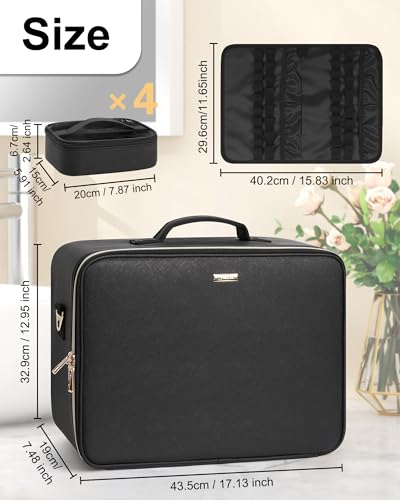 Relavel Extra Large Makeup Bag, Professional Makeup Train Case for Makeup Artists, Travel Cosmetic Organizer with 4 Small Portable Bags & Brush/Lipstick Plate, Adjustable Dividers and Shoulder Strap - Image 4