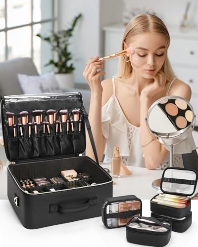 Relavel Extra Large Makeup Bag, Professional Makeup Train Case for Makeup Artists, Travel Cosmetic Organizer with 4 Small Portable Bags & Brush/Lipstick Plate, Adjustable Dividers and Shoulder Strap - Image 2
