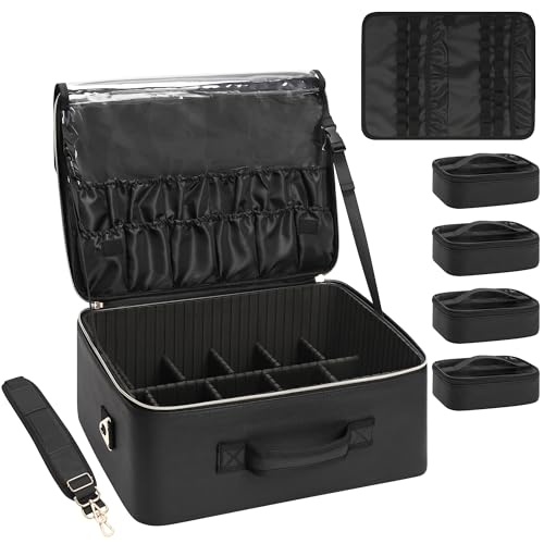 Relavel Extra Large Makeup Bag, Professional Makeup Train Case for Makeup Artists, Travel Cosmetic Organizer with 4 Small Portable Bags & Brush/Lipstick Plate, Adjustable Dividers and Shoulder Strap - Image 1