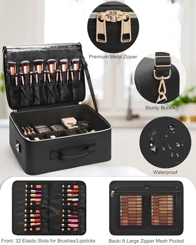 Relavel Extra Large Makeup Bag, Professional Makeup Train Case for Makeup Artists, Travel Cosmetic Organizer with 4 Small Portable Bags & Brush/Lipstick Plate, Adjustable Dividers and Shoulder Strap - Image 3
