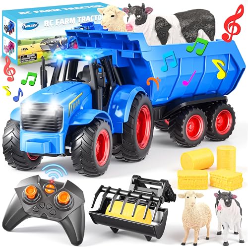 Funwee RC Tractor Toy Set with Light Sound Kids Farm Car Animal Trailer Wheels Remote Truck Outdoor Vehicle Toys Birthday Gift Idea for 3 4 5 6 7 Years Old Toddler Boys and GirlsBlue - Image 1