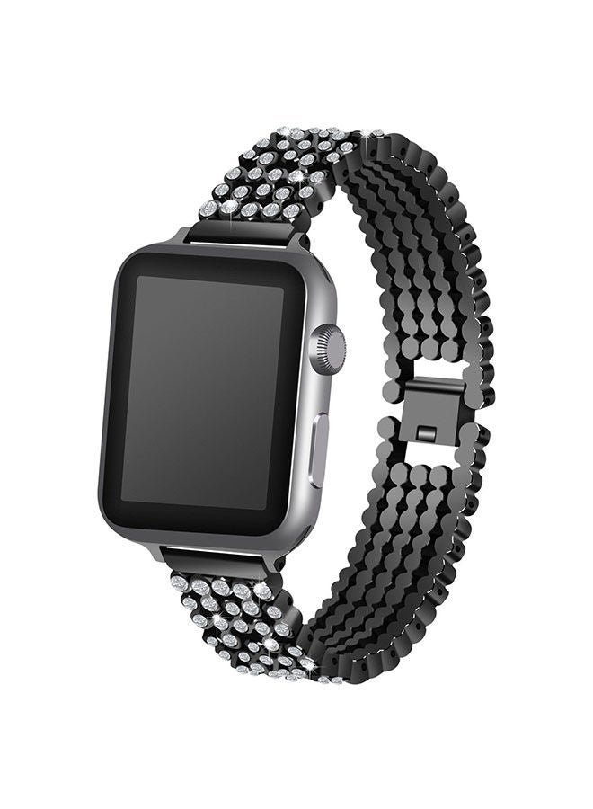 O Ozone Rhinestone Diamond Stainless Steel Band For Apple Watch Series 10 9 8 7 6 5 4 SE , 38/40/41/42mm Metal Buckle Wristband- Black - Image 1