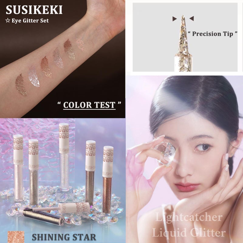 SUSIKEKI Eye Glitter Liquid Eyeshadow Eyeliner Set(6Pcs), Glittery Korean Makeup Bling Under Eye Shadows, Shimmer Tear Drop Make Up Gift Kit, Quick-Dry, Long-Lasting Loose Glitter Glue for Crystal Makeup - Image 2
