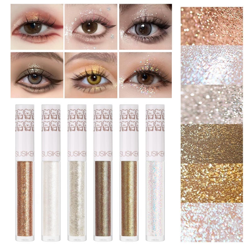 SUSIKEKI Eye Glitter Liquid Eyeshadow Eyeliner Set(6Pcs), Glittery Korean Makeup Bling Under Eye Shadows, Shimmer Tear Drop Make Up Gift Kit, Quick-Dry, Long-Lasting Loose Glitter Glue for Crystal Makeup - Image 1