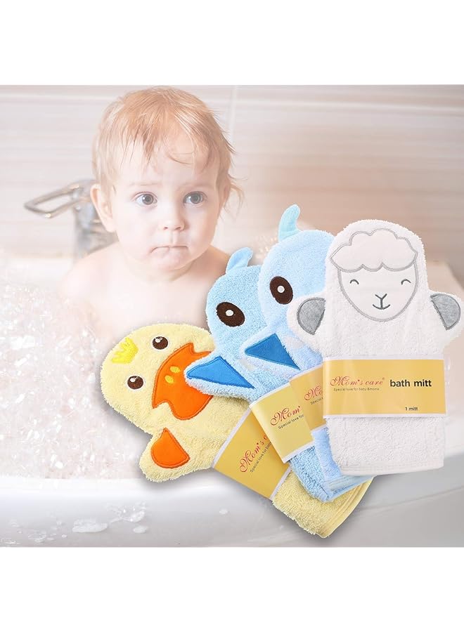 Tazweeq 4Pcs Baby Bath Mitt Washcloths Gloves Designed In Nice Cute Animal Style Yellow Duck Shark Panda Sheep Cotton Towel Gentle Scrub For Baby Toddler Kids Bath And Shower  - Image 5