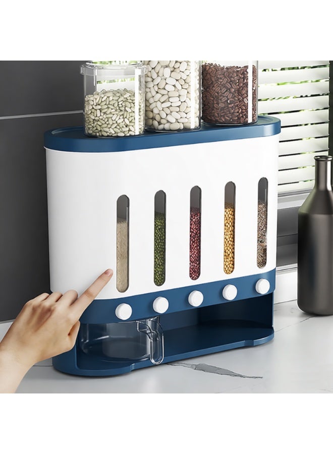 YY-ريشير موزع حبوب الأرز المثبت على الحائط، حاويات طعام جافة بضغطة زر واحدة مع 5 أقسام قابلة للتعديل وكوب قياس لتخزين المطبخ - Image 1