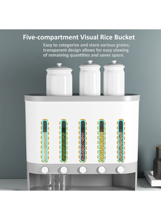 YY-ريشير موزع حبوب الأرز المثبت على الحائط، حاويات طعام جافة بضغطة زر واحدة مع 5 أقسام قابلة للتعديل وكوب قياس لتخزين المطبخ - Image 3
