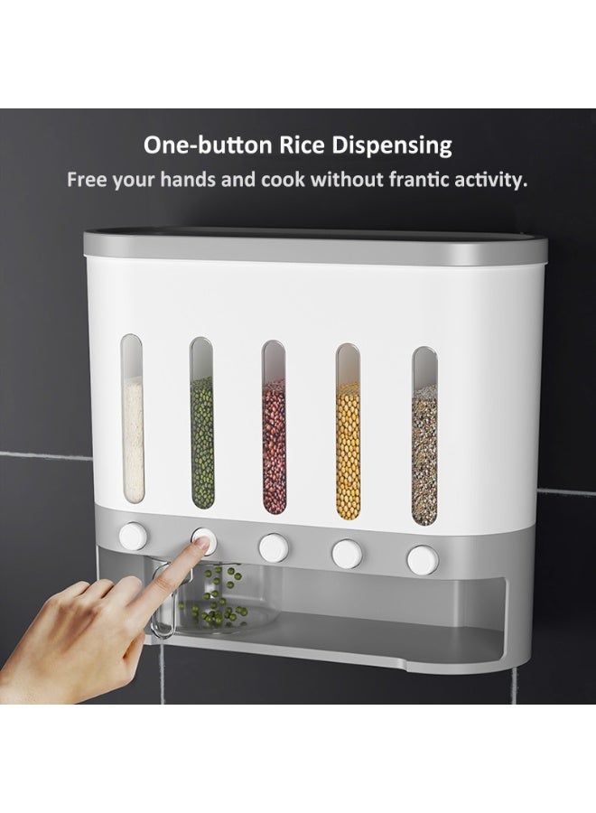 YY-ريشير موزع حبوب الأرز المثبت على الحائط، حاويات طعام جافة بضغطة زر واحدة مع 5 أقسام قابلة للتعديل وكوب قياس لتخزين المطبخ - Image 4