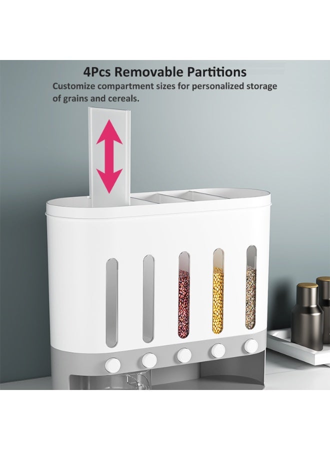 YY-ريشير موزع حبوب الأرز المثبت على الحائط، حاويات طعام جافة بضغطة زر واحدة مع 5 أقسام قابلة للتعديل وكوب قياس لتخزين المطبخ - Image 5