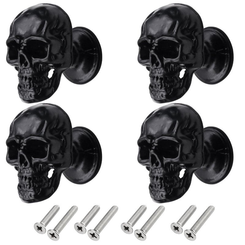 FANYUN 4 Pack Skull Skeleton Cabinets Knobs, Single Hole Pull Handle for Drawer Wardrobes Bookcases Dresser Closets Hardware Furniture Decoration (Black) - Image 1