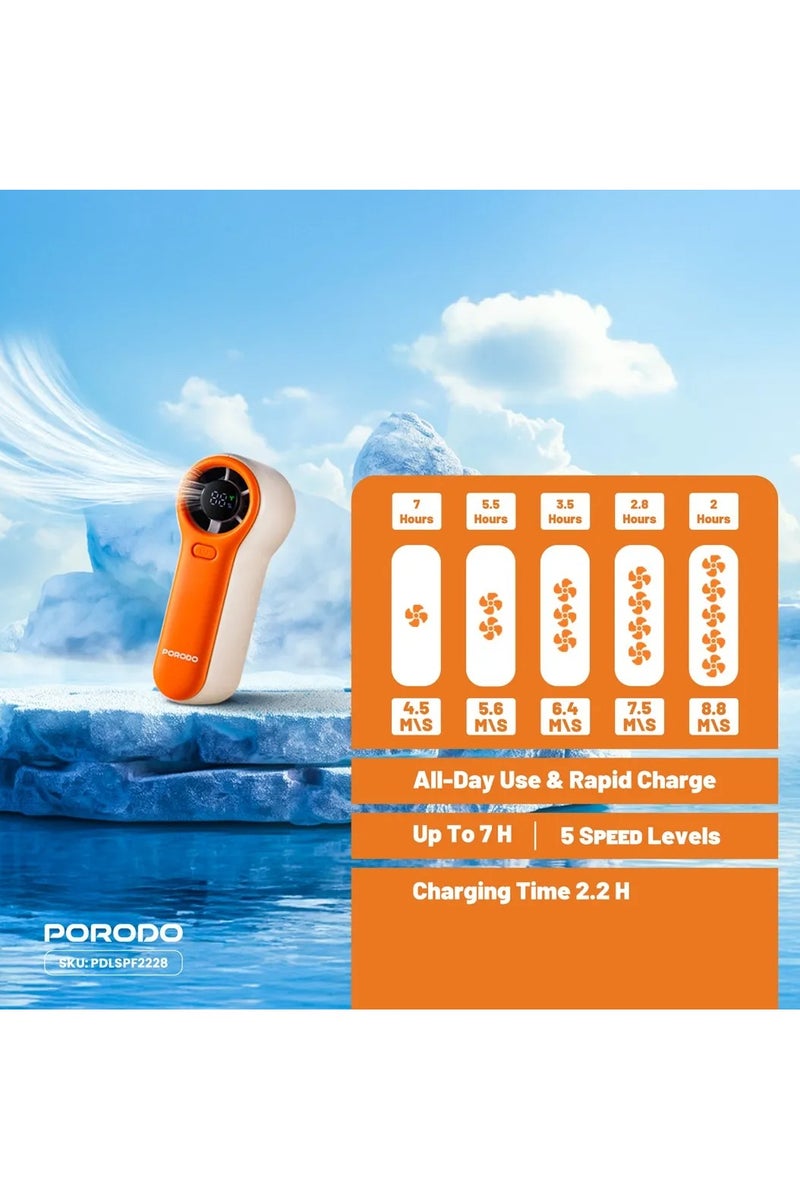 porodo Pocket Size Handheld Fan with Strong Air Flow & Long Battery Life / 19100 RPM Motor Speed / 5 Speed Level /  / Lightweight & Portable Fan - Orange - Image 2