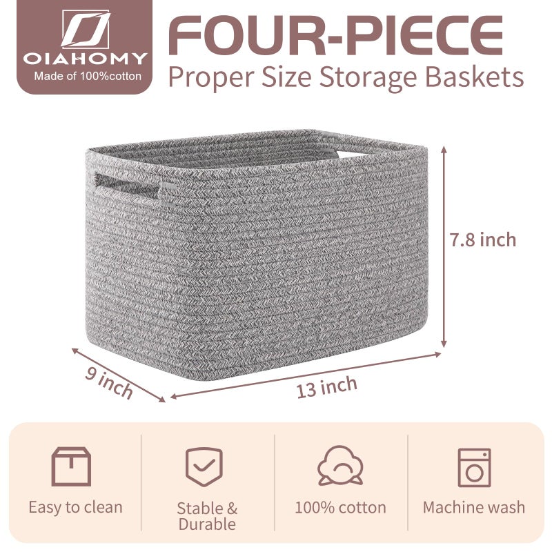 OIAHOMY 4 Pack Storage Baskets for Organizing, Cube Storage Bins for Shelves, Rectangle Storage Baskets With Handles, Woven Baskets for Storage, 12.7''Lx9''Wx7.8''H, Grey - Image 2
