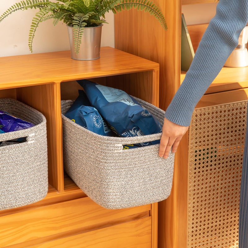 OIAHOMY 4 Pack Storage Baskets for Organizing, Cube Storage Bins for Shelves, Rectangle Storage Baskets With Handles, Woven Baskets for Storage, 12.7''Lx9''Wx7.8''H, Grey - Image 4