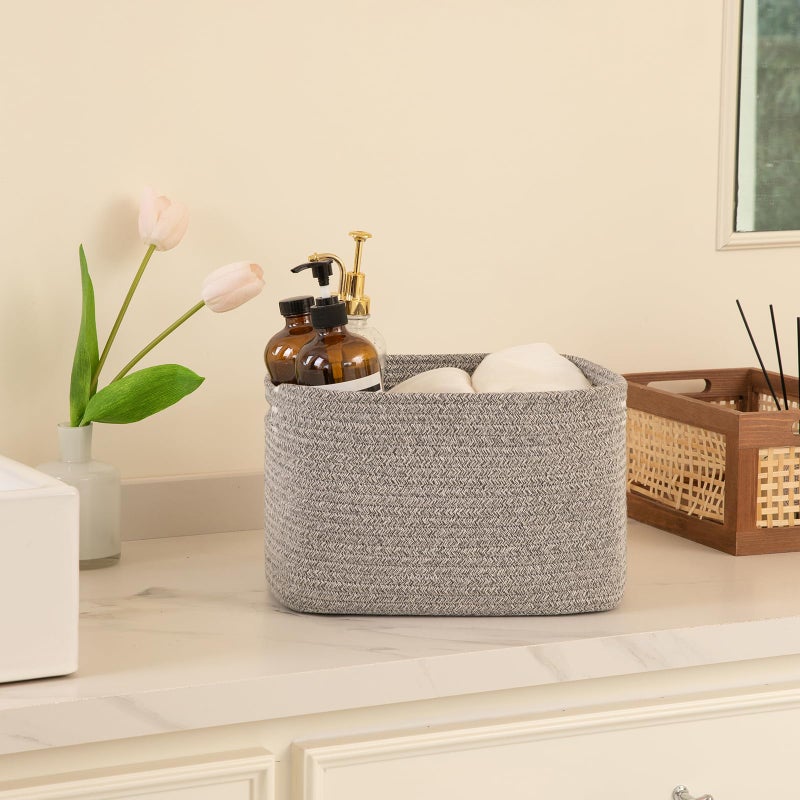 OIAHOMY 4 Pack Storage Baskets for Organizing, Cube Storage Bins for Shelves, Rectangle Storage Baskets With Handles, Woven Baskets for Storage, 12.7''Lx9''Wx7.8''H, Grey - Image 5