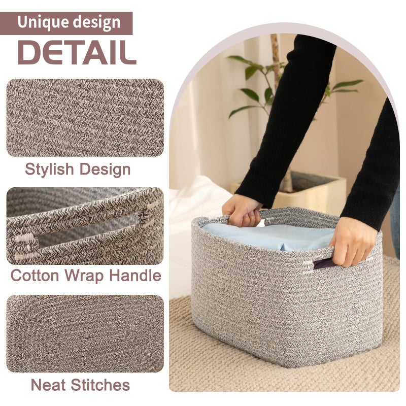 OIAHOMY 4 Pack Storage Baskets for Organizing, Cube Storage Bins for Shelves, Rectangle Storage Baskets With Handles, Woven Baskets for Storage, 12.7''Lx9''Wx7.8''H, Grey - Image 3