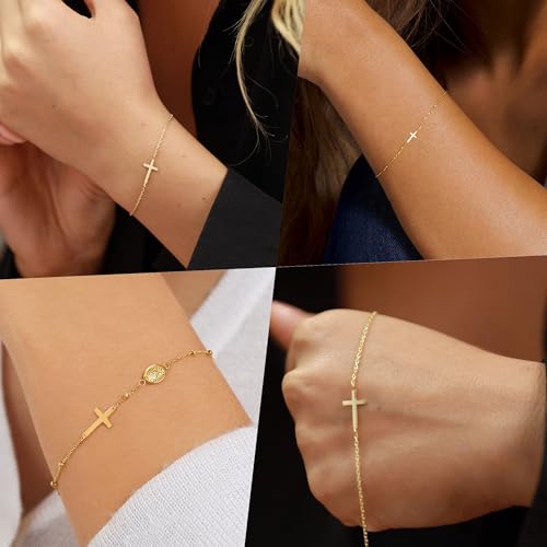 BAYLAY 18K Gold Plated Diamond Horizontal Double Cross Bracelet for Women - Dainty Bridesmaid Jewelry Gifts, 6 - Image 3