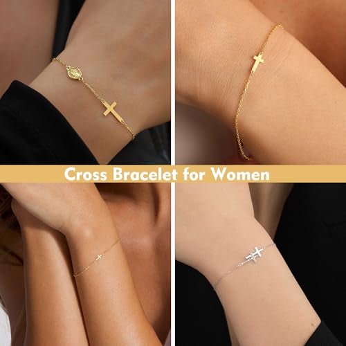 BAYLAY 18K Gold Plated Diamond Horizontal Double Cross Bracelet for Women - Dainty Bridesmaid Jewelry Gifts, 6 - Image 4