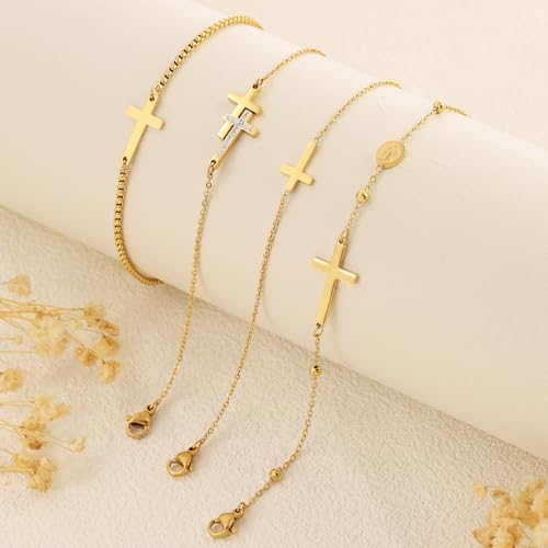 BAYLAY 18K Gold Plated Diamond Horizontal Double Cross Bracelet for Women - Dainty Bridesmaid Jewelry Gifts, 6 - Image 5
