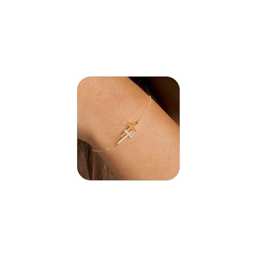 BAYLAY 18K Gold Plated Diamond Horizontal Double Cross Bracelet for Women - Dainty Bridesmaid Jewelry Gifts, 6 - Image 1