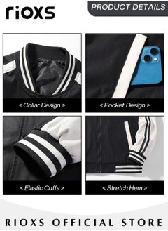 RIOXS Men's Bomber Jacket, Waterproof Windproof Slim Fit Outdoor Jacket Coat, Crew Lined Lightweight Jacket, Stylish Stand-Up Collar Full Zipper Jacket, Windbreaker Spring Fall Jackets Outerwear For Men  - Image 5