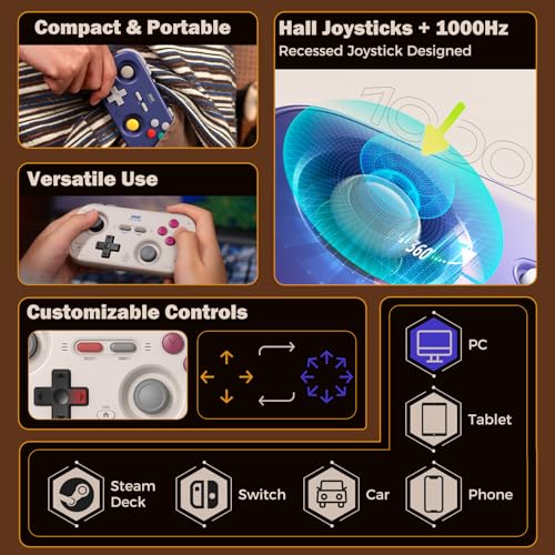 IINE Retro Pocket Game Controller with Hall Effect Joysticks Switch 1 2 Compatible Wireless Gamepad for Steam Deck PC Android iOS Customizable DPad Vibration Motion Control Grey - Image 3