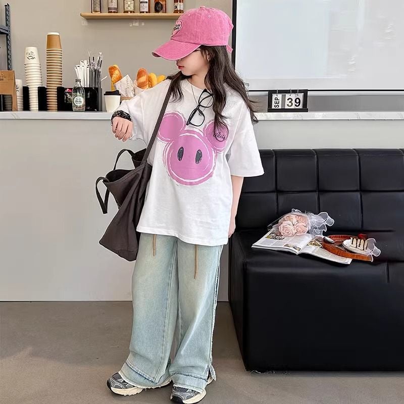 Grey Cartoon Pure Cotton Children'S T-Shirt Girls' Short-Sleeved Summer Big Kids Loose Princess Style Outer Wear Fashionable Top - Image 3