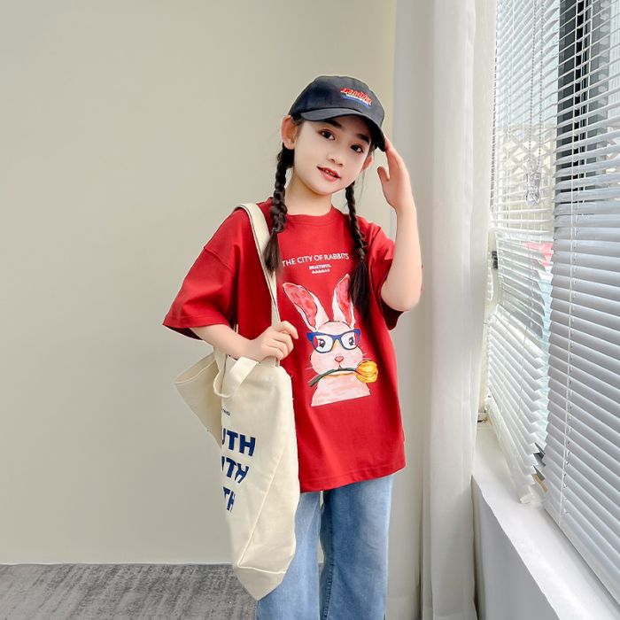 Grey Cartoon Pure Cotton Children'S T-Shirt Girls' Short-Sleeved Summer Big Kids Loose Princess Style Outer Wear Fashionable Top - Image 1