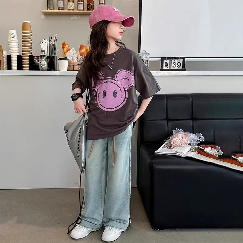 Grey Cartoon Pure Cotton Children'S T-Shirt Girls' Short-Sleeved Summer Big Kids Loose Princess Style Outer Wear Fashionable Top - Image 4