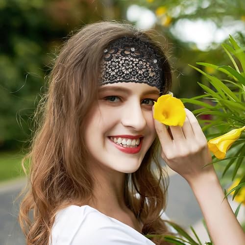 Obtheleg Hair Bands For Women, Stretchy Lace Wide Head Band For Women, Boho Chic Crystal & Pearl Embellished Hair Band, Elegant Floral Beaded Headband, Hair Accessories (Black, One size) - Image 5
