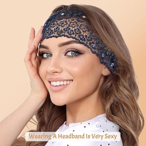 Obtheleg Hair Bands For Women, Stretchy Lace Wide Head Band For Women, Boho Chic Crystal & Pearl Embellished Hair Band, Elegant Floral Beaded Headband, Hair Accessories (Black, One size) - Image 4