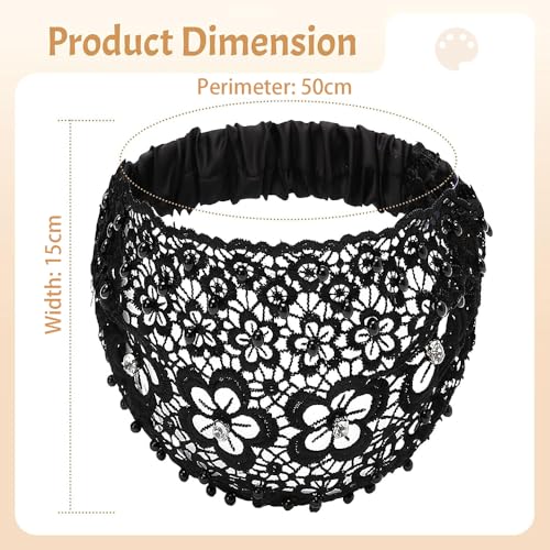 Obtheleg Hair Bands For Women, Stretchy Lace Wide Head Band For Women, Boho Chic Crystal & Pearl Embellished Hair Band, Elegant Floral Beaded Headband, Hair Accessories (Black, One size) - Image 2