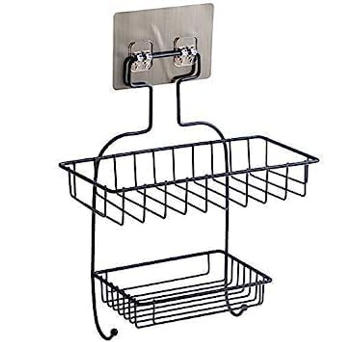 2 LAYER MULTIPURPOSE KITCHEN BATHROOM SHELF WALL HOLDER STORAGE RACK STRONG MAGIC STICKER SHOWER RACK SHELF WITH 2 HOOK