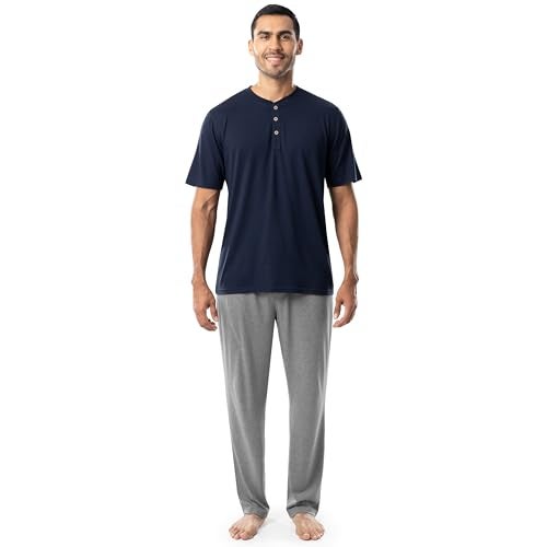 Fruit of the Loom Men's 2-Piece Jersey Knit Pajama Set, Navy/Grey Heather, Large - Image 1