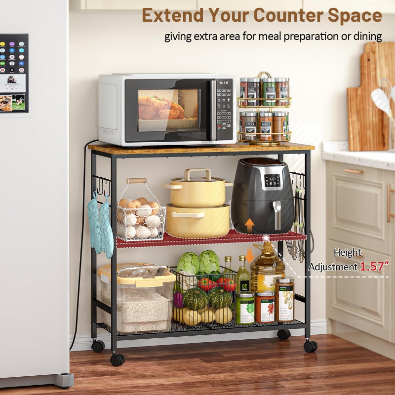 ThreeHio 3 Tier Rolling Kitchen Microwave Cart, 33 Inch Microwave Table Stand with Adjustable Shelf, Kitchen Storage Island Utility Cart on Lockable Wheels, Bakers Rack Coffee Bar for Living Room, Office - Image 3