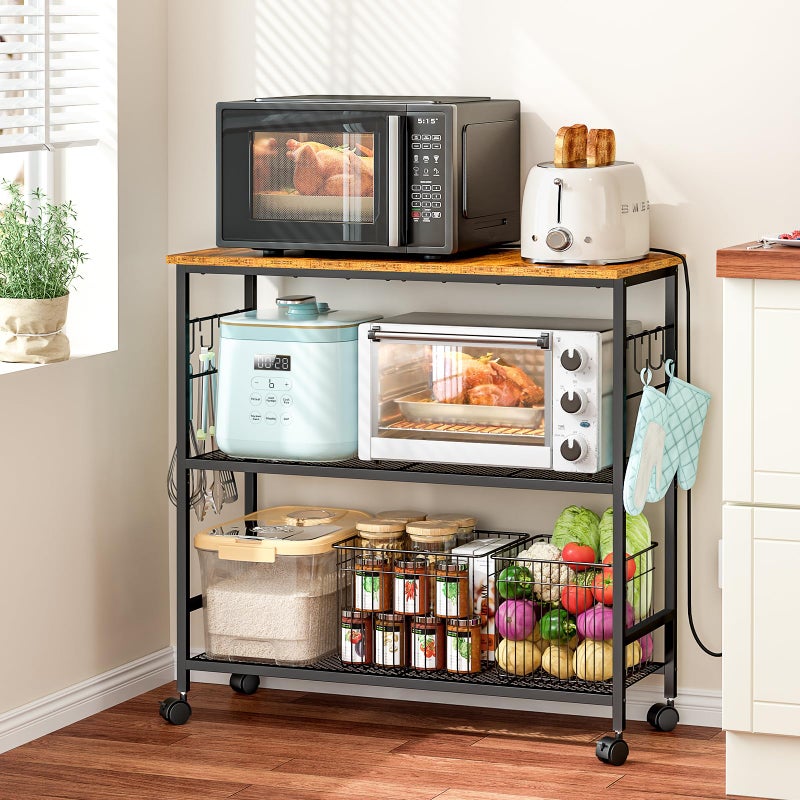 ThreeHio 3 Tier Rolling Kitchen Microwave Cart, 33 Inch Microwave Table Stand with Adjustable Shelf, Kitchen Storage Island Utility Cart on Lockable Wheels, Bakers Rack Coffee Bar for Living Room, Office - Image 1